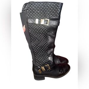 Black Quilted Knee-High Boots with Gold Buckles Wide Calf